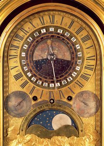 Reloj astronómico hecho para el Gran Delfín Luis de Francia (1661-1711) detalle de la cara, 1710 (bronce dorado) (detalle)
